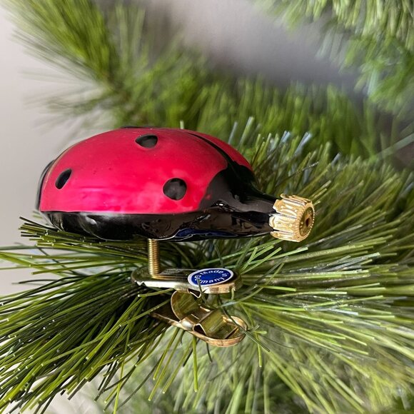 Vintage German Glass Ladybug Christmas Ornament Clip-On Hand Blown Red Black - Picture 6 of 6